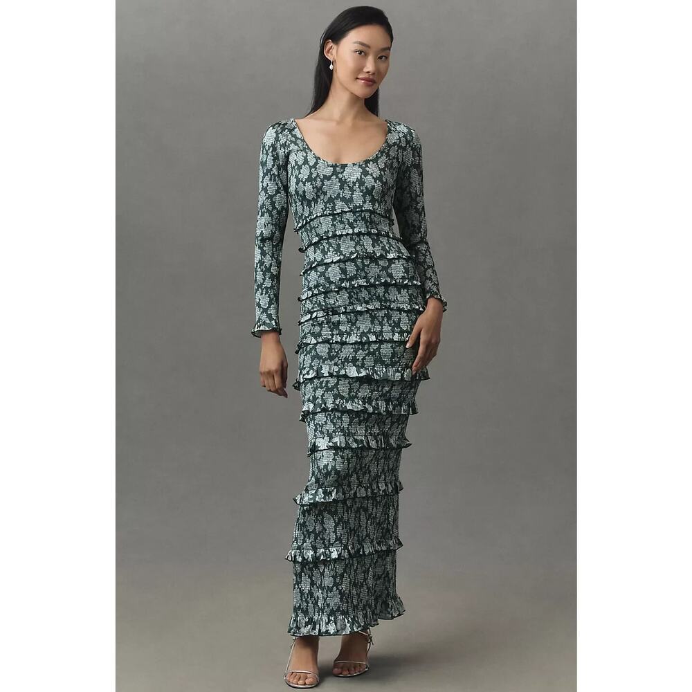 NWD V. Chapman Lanie Ruched Ruffled Satin Wedding Maxi Dress Sz 6 EMERALD #8A542